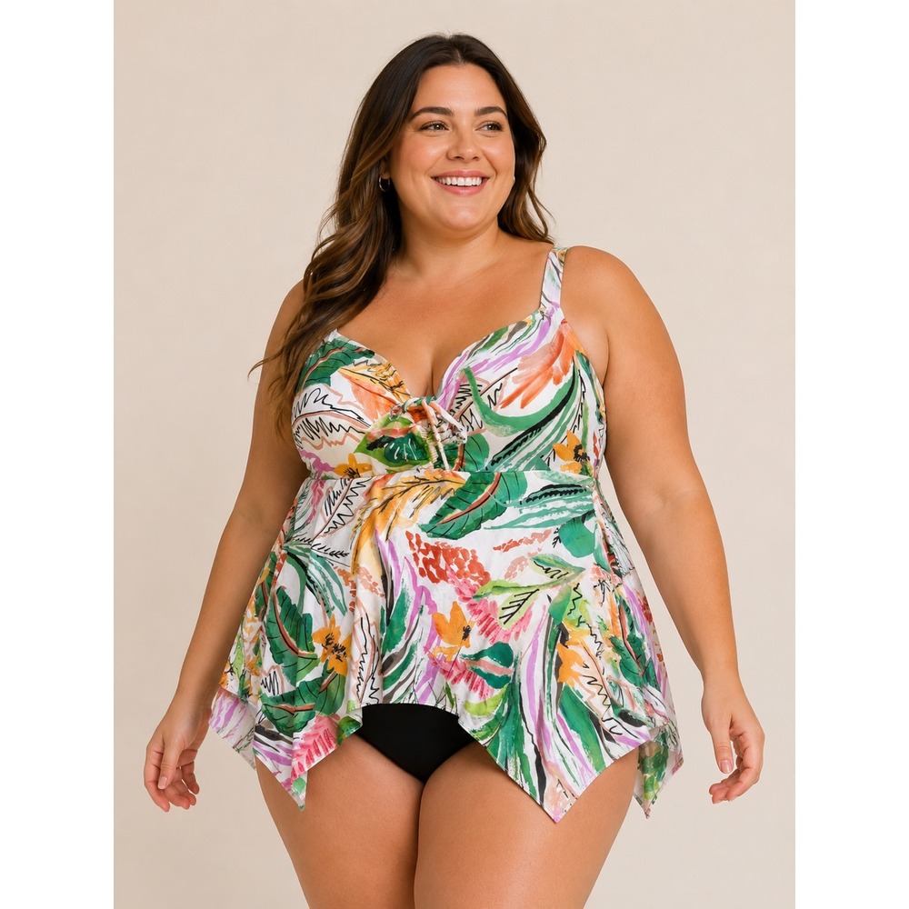 Birdsong Plus Size 22W LANAI Tropical Sharkbite Underwire Tankini Swim Top Print